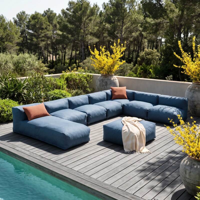 Divano modulare da esterno 7 posti con 5 poltrone, 1 poltrona angolare, 1 chaise longue e 1 pouf