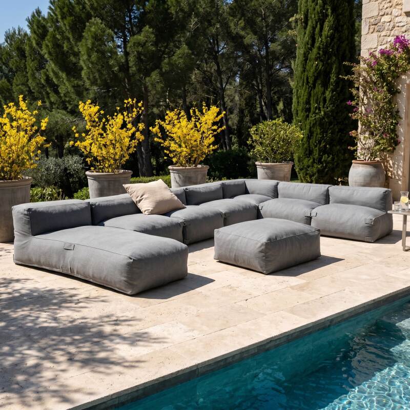 Divano modulare da esterno 7 posti con 5 poltrone, 1 poltrona angolare, 1 chaise longue e 1 pouf