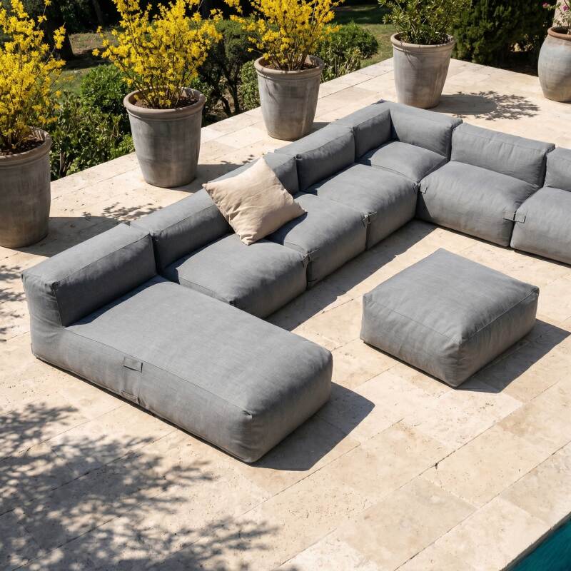 Divano modulare da esterno 7 posti con 5 poltrone, 1 poltrona angolare, 1 chaise longue e 1 pouf (2/8)