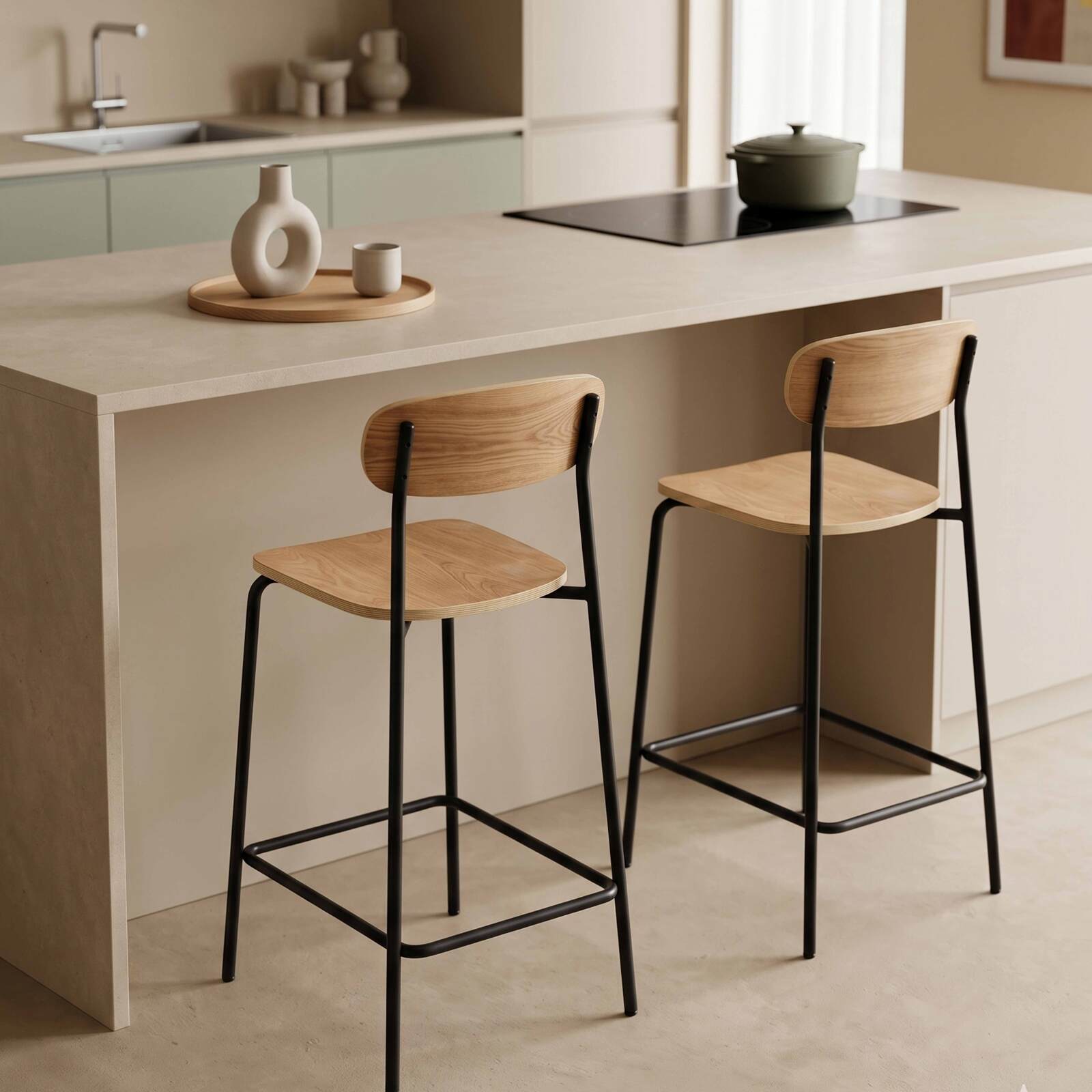 Sedie alta in legno e metallo - Set di 2