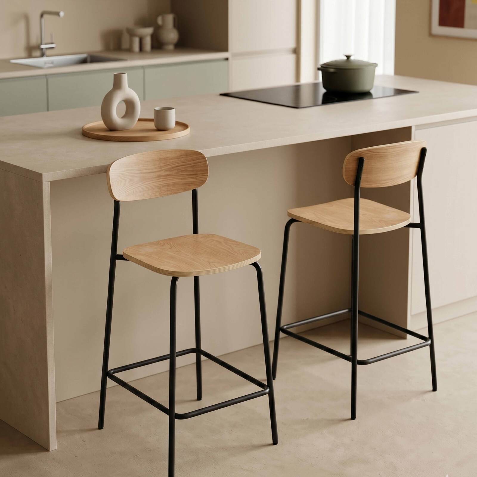 Sedie alta in legno e metallo - Set di 2