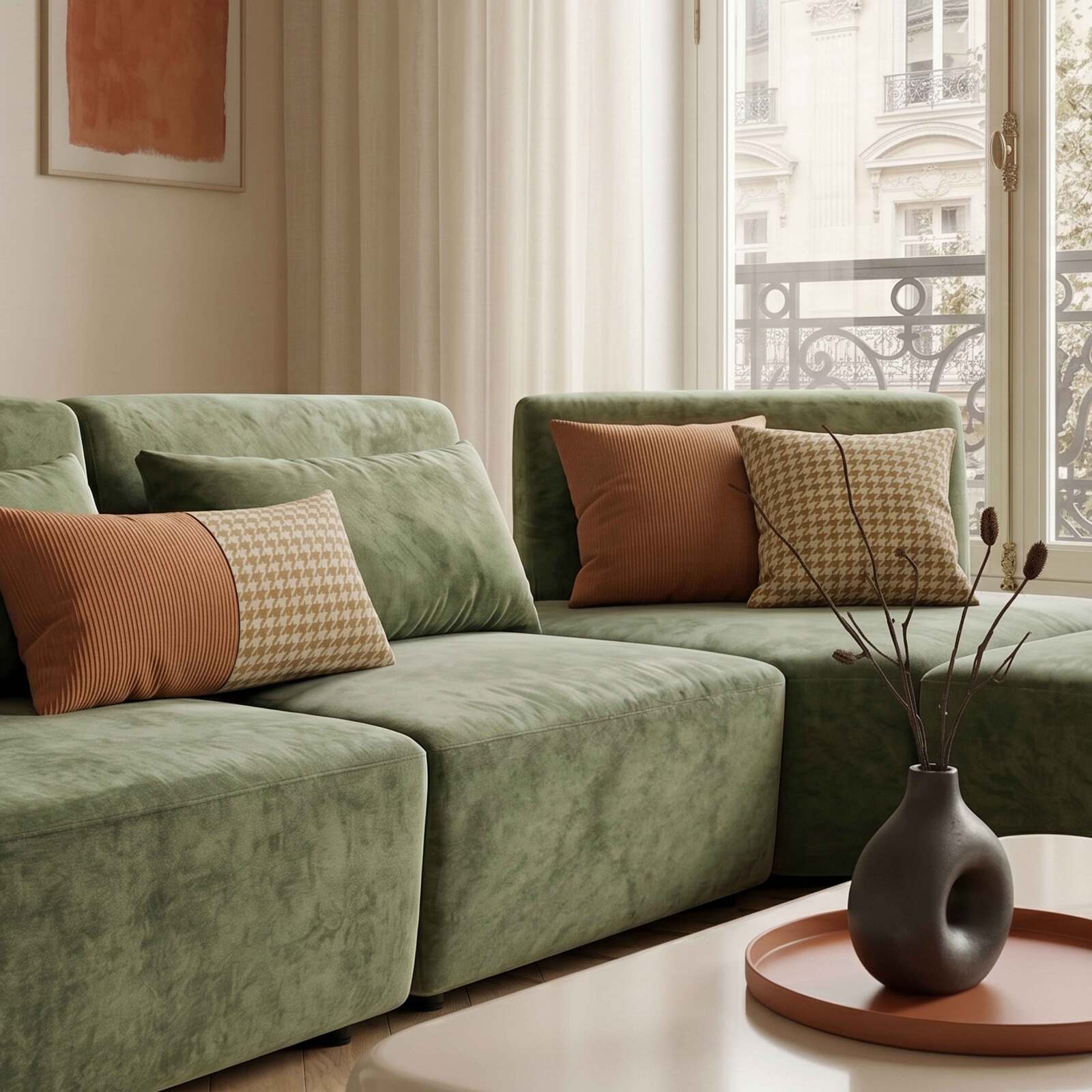 Divano angolare modulare 4 posti in tessuto con cuscini schienale regolabile