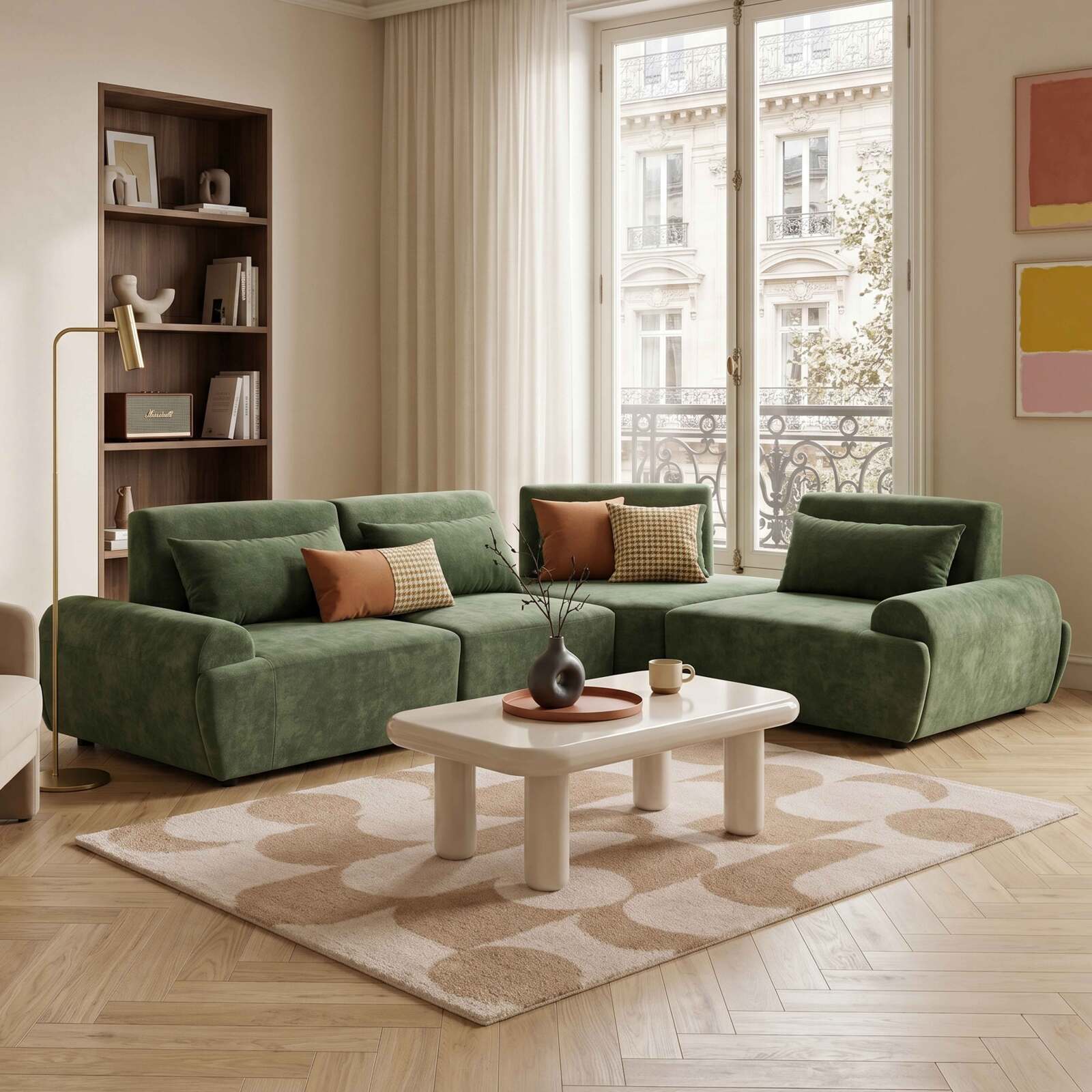 Divano angolare modulare 4 posti in tessuto con cuscini schienale regolabile