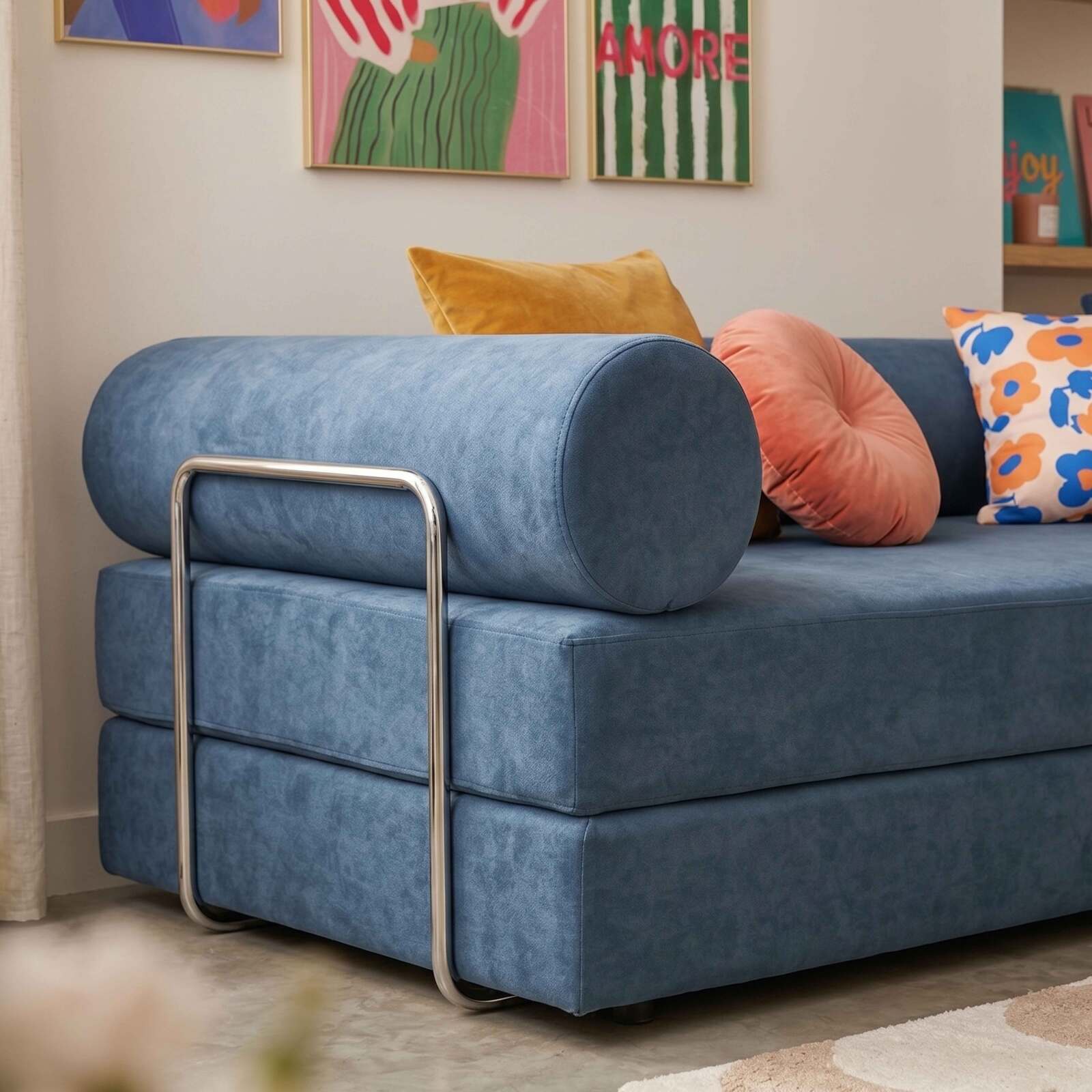 Divano letto 2 posti in tessuto con cuscini modulari