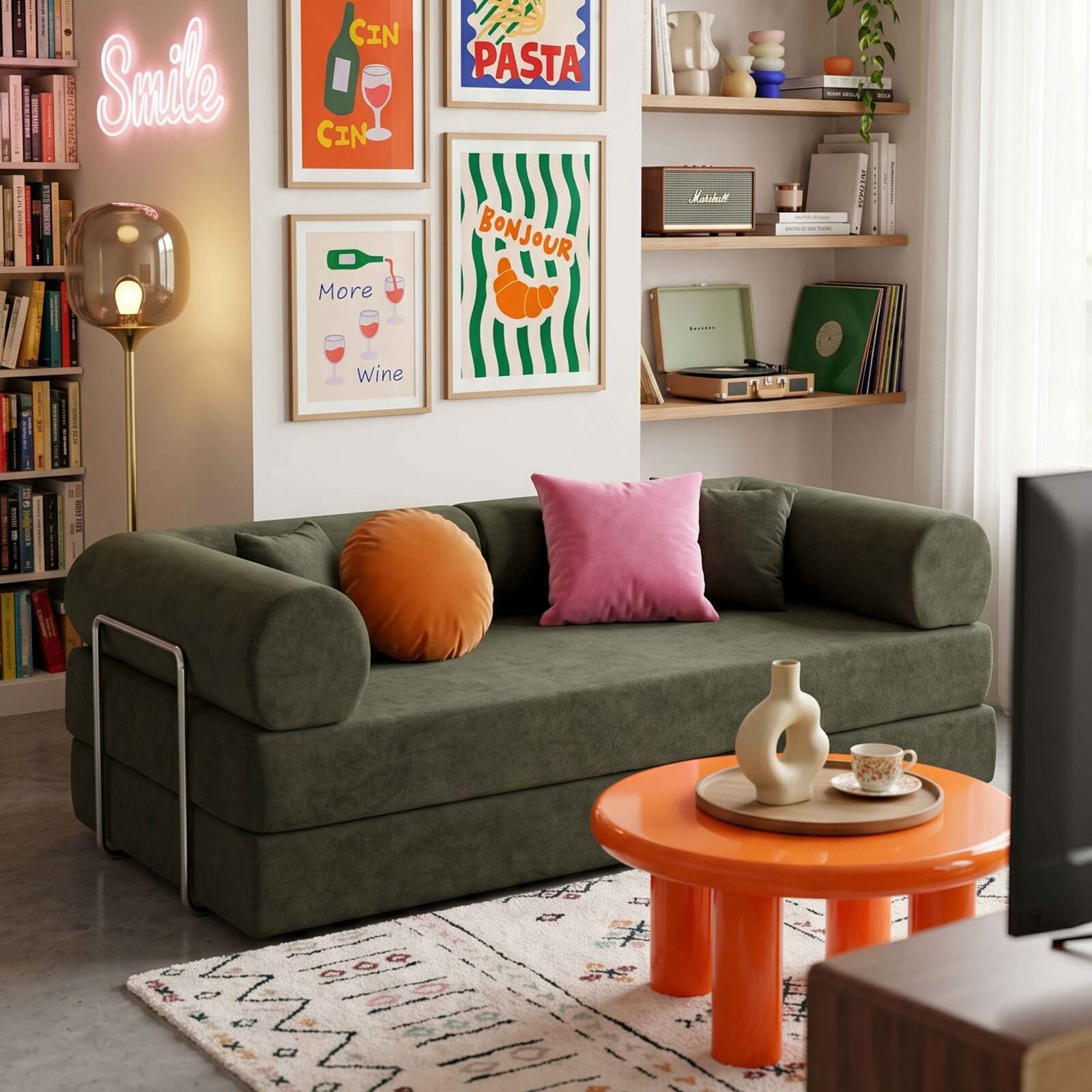 Divano letto 2 posti in tessuto con cuscini modulari