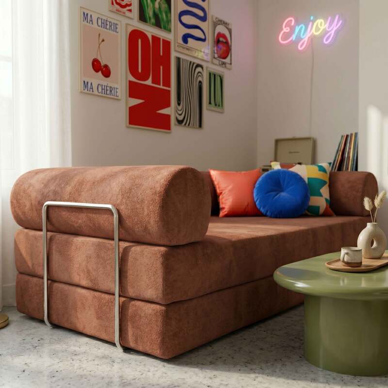 Divano letto 2 posti in tessuto con cuscini modulari (7/8)