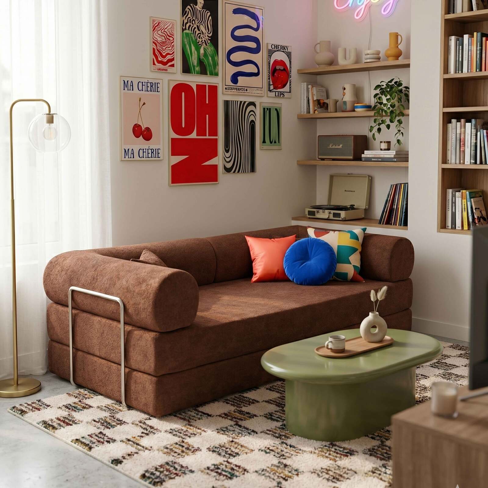 Divano letto 2 posti in tessuto con cuscini modulari