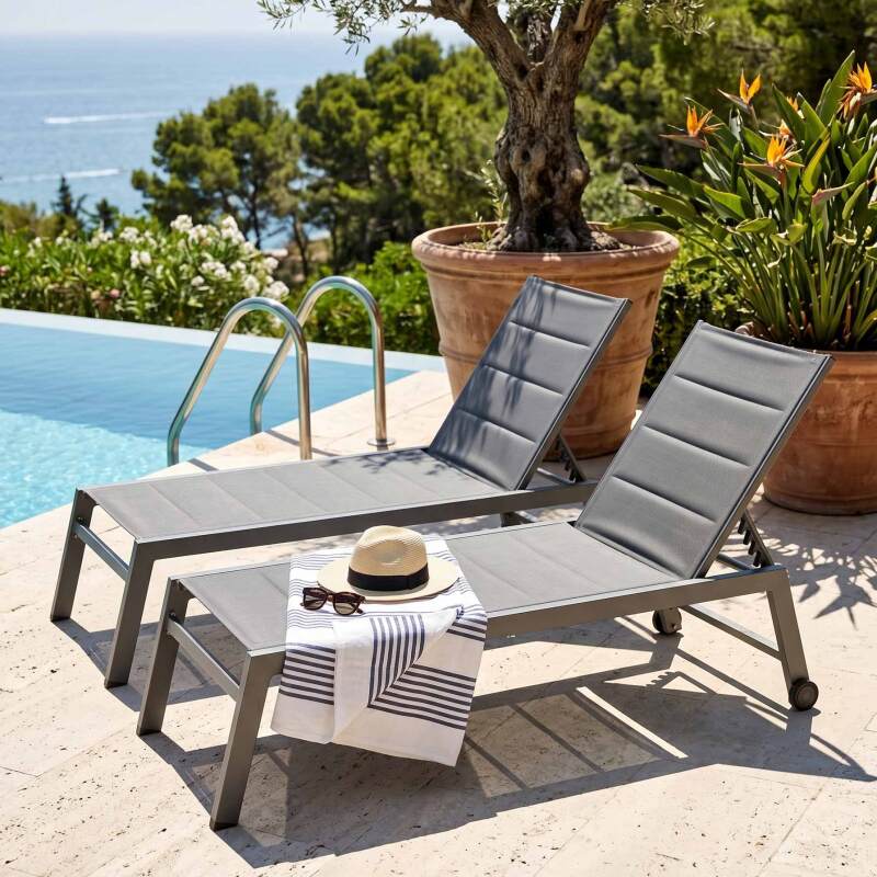 Sdraio da giardino in alluminio e textilene reclinabili in 5 posizioni con ruote - Set di 2