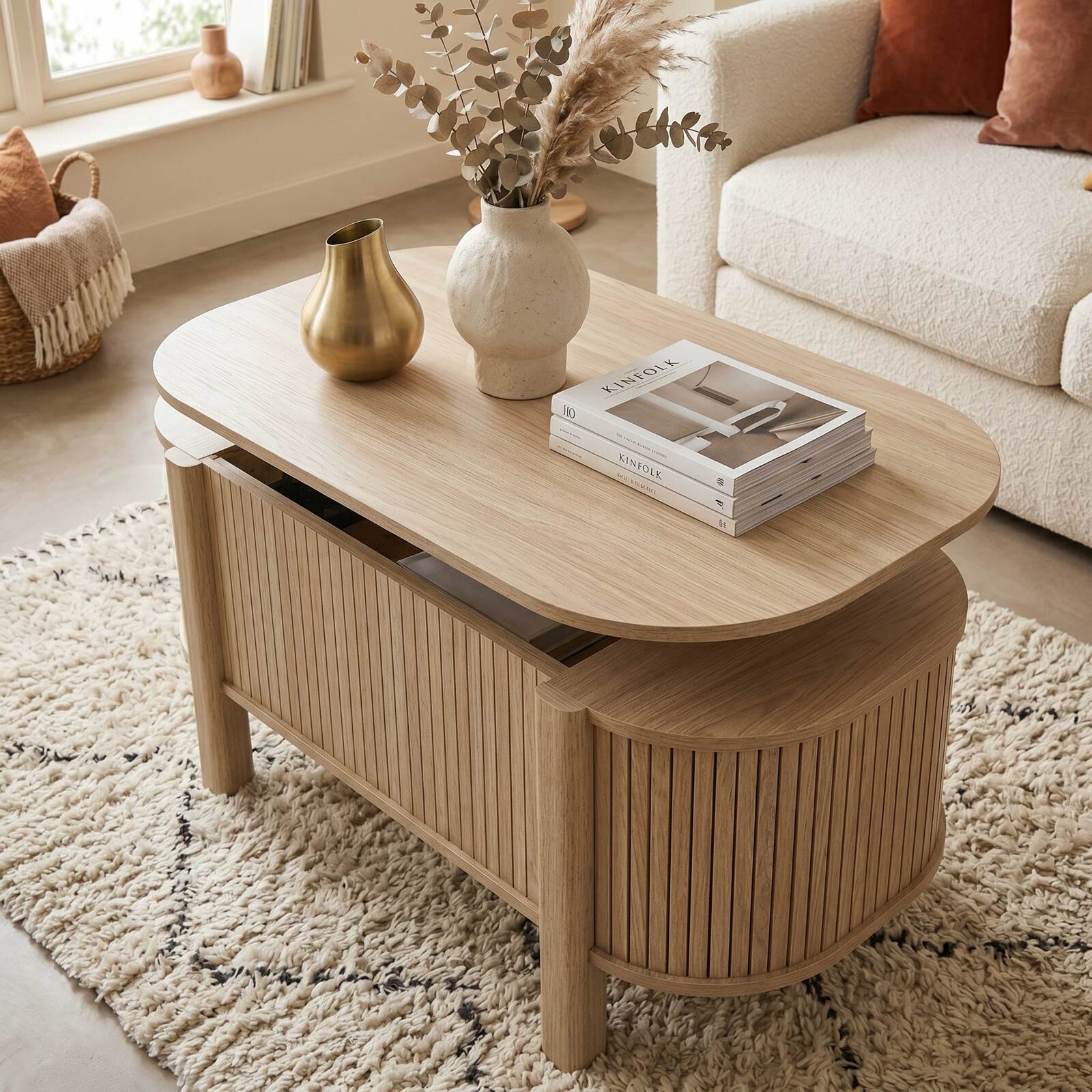 Tavolino da salotto alzabile effetto legno ovale 100x48 cm