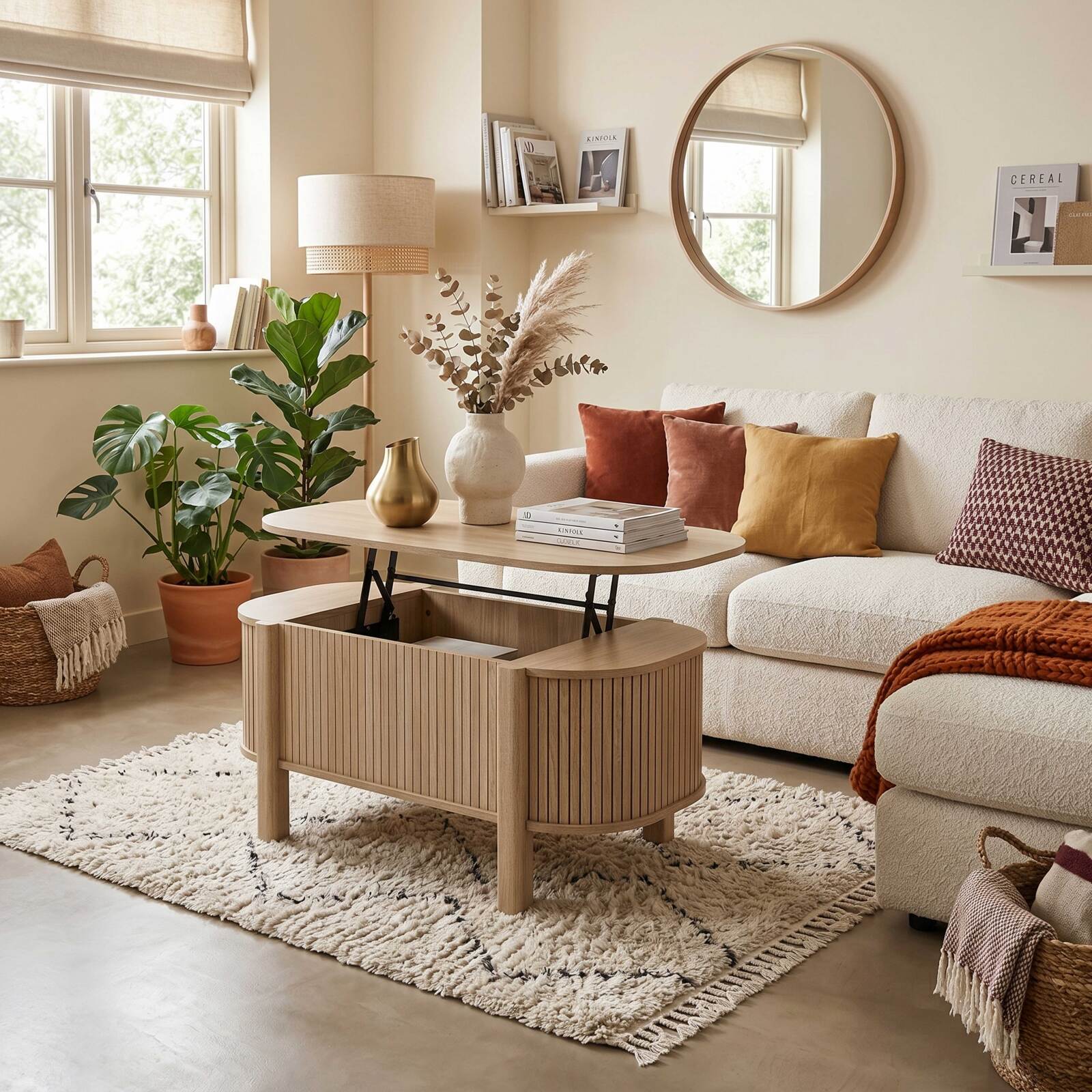 Tavolino da salotto alzabile effetto legno ovale 100x48 cm