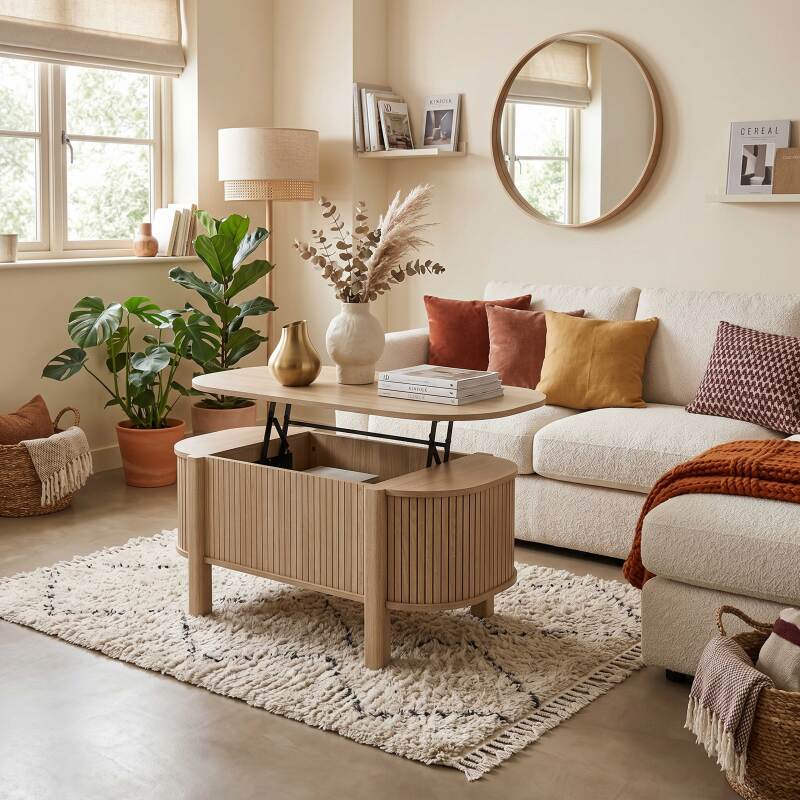 Tavolino da salotto alzabile effetto legno ovale 100x48 cm (2/7)