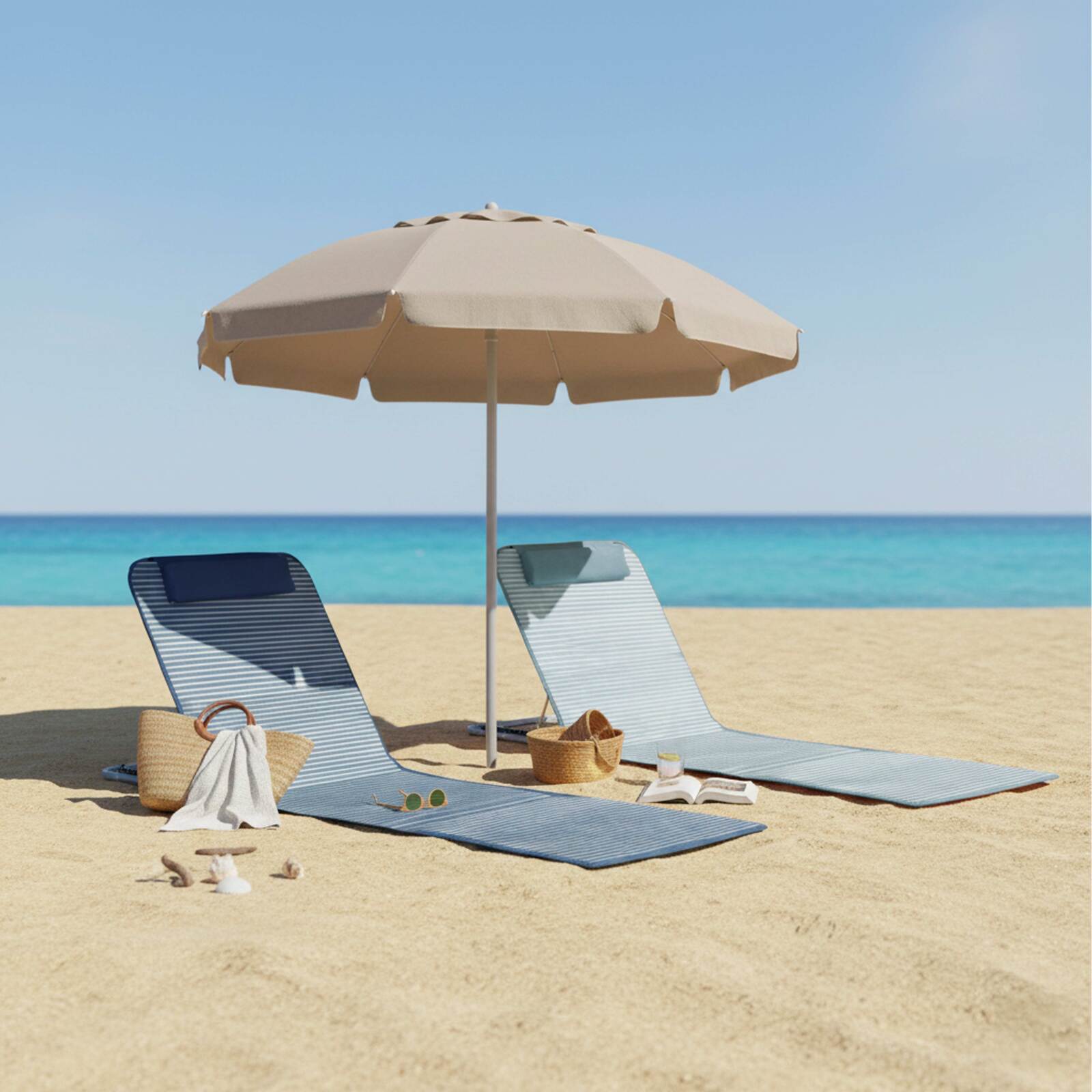 Set di 2 lettini da mare pieghevoli a righe, blu e grigio