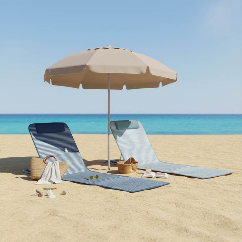 Set di 2 lettini da mare pieghevoli a righe, blu e grigio