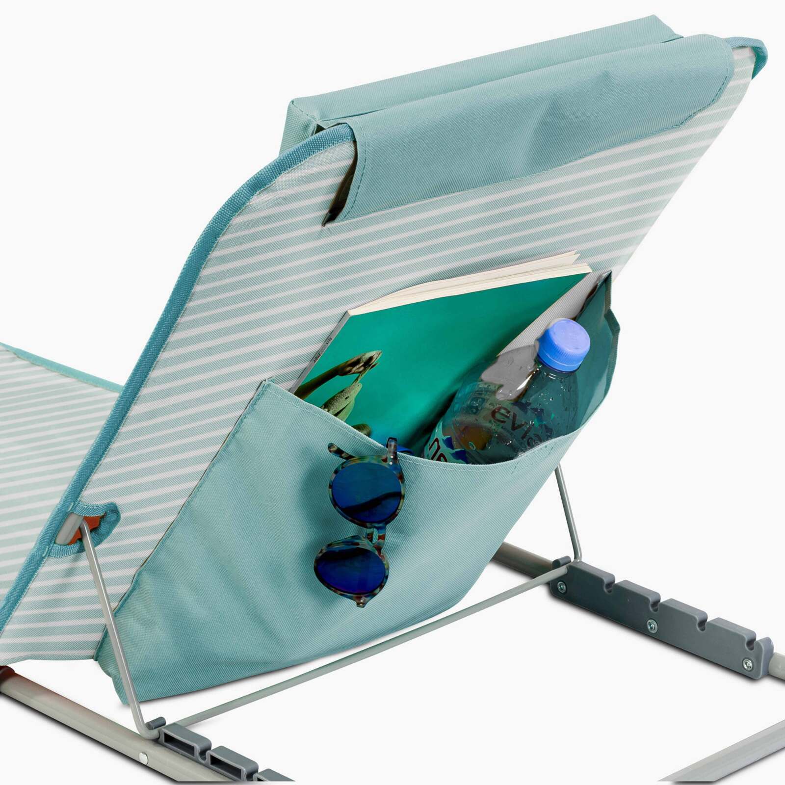 Set di 2 lettini da mare pieghevoli a righe, blu e grigio