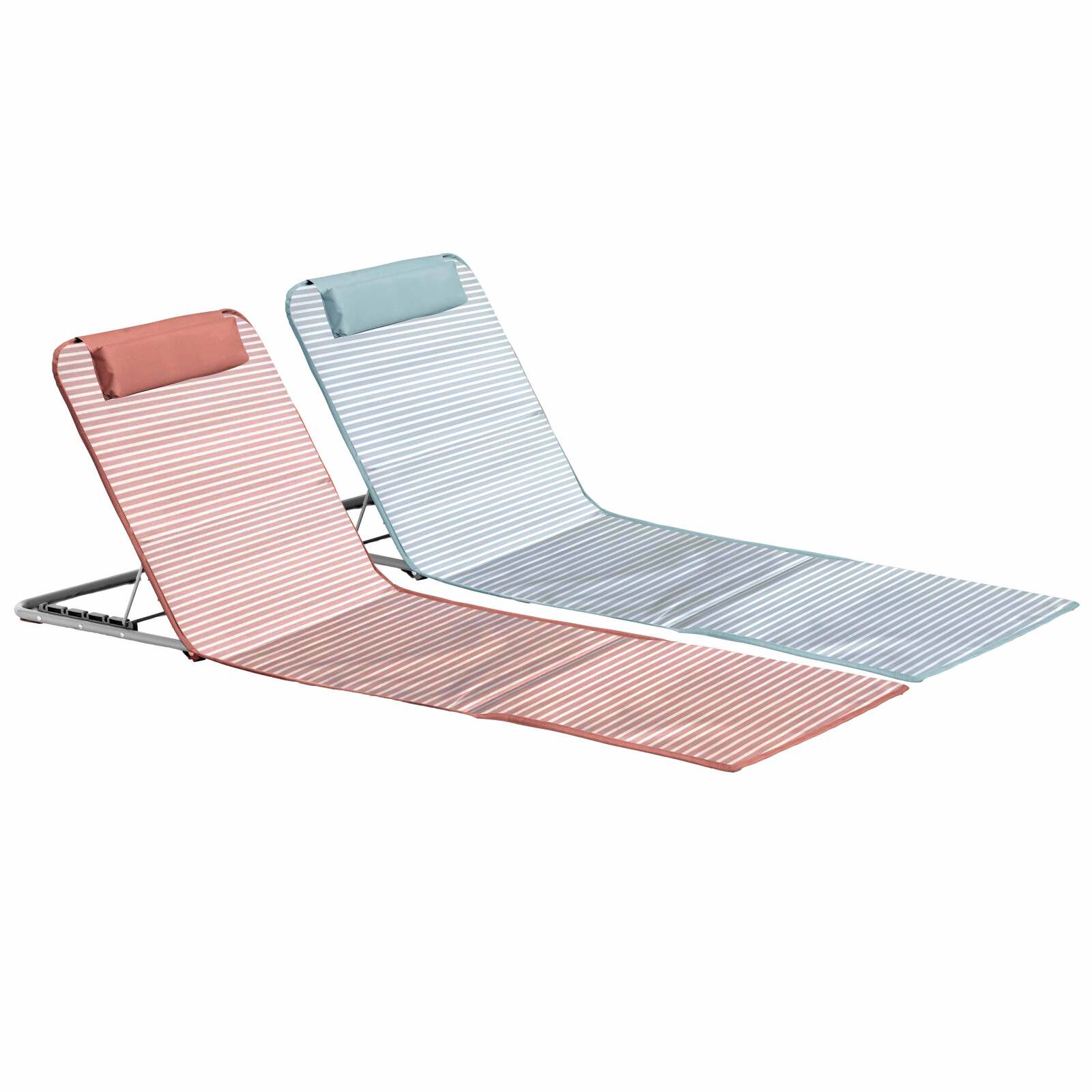 Set di 2 lettini da mare pieghevoli, a righe rosso e grigio