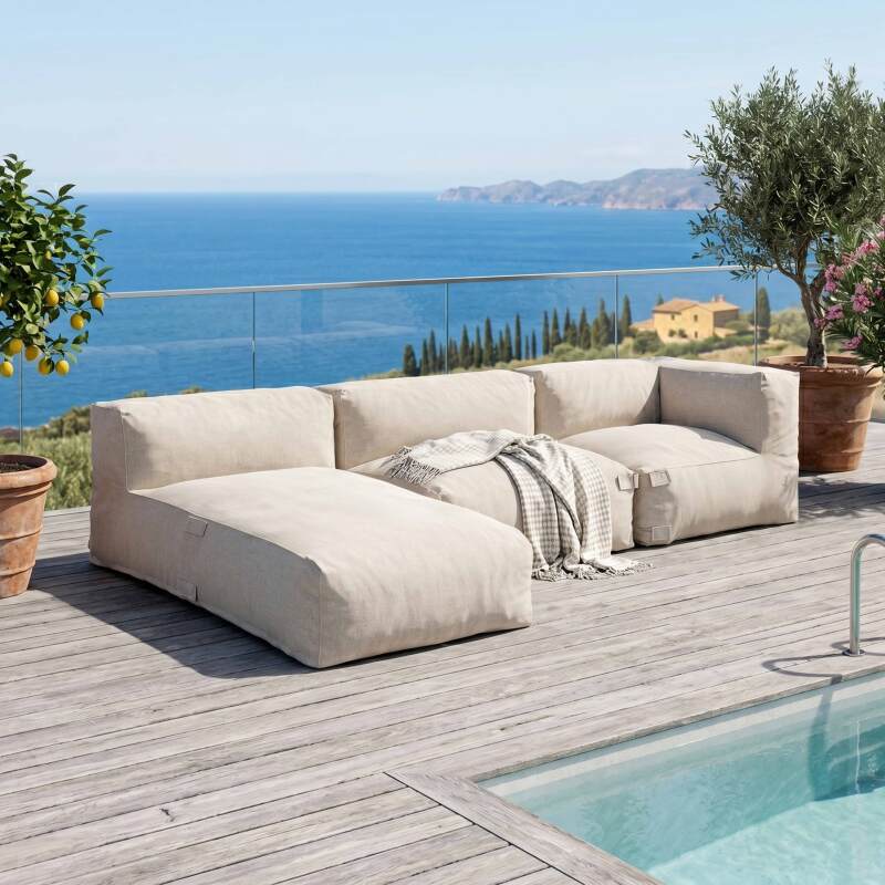 Divano modulare da esterno 3 posti con 1 poltrona, 1 poltrona angolare e 1 chaise longue