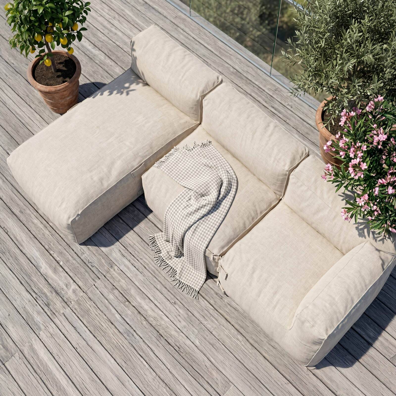 Divano modulare da esterno 3 posti con 1 poltrona, 1 poltrona angolare e 1 chaise longue