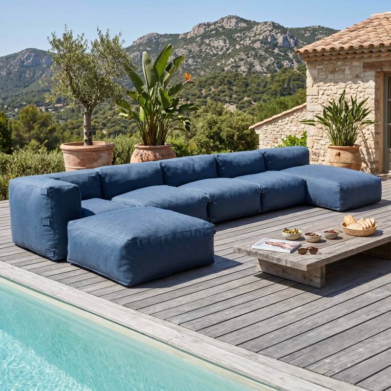 Divano modulare da esterno 5 posti con 3 poltrone, 1 poltrona angolare, 1 chaise longue e 1 pouf