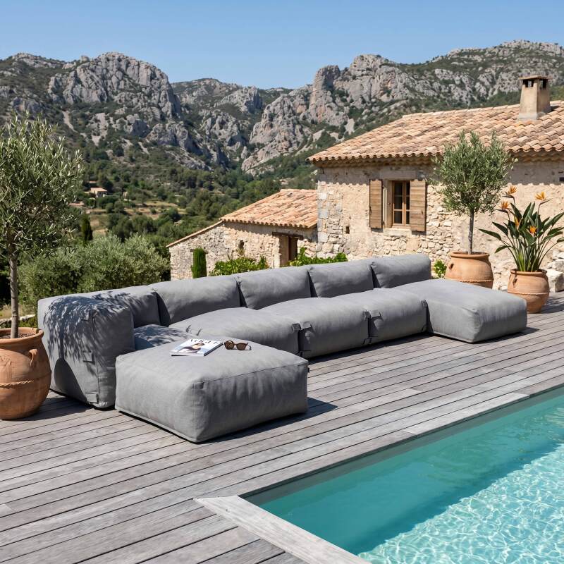 Divano modulare da esterno 5 posti con 3 poltrone, 1 poltrona angolare, 1 chaise longue e 1 pouf