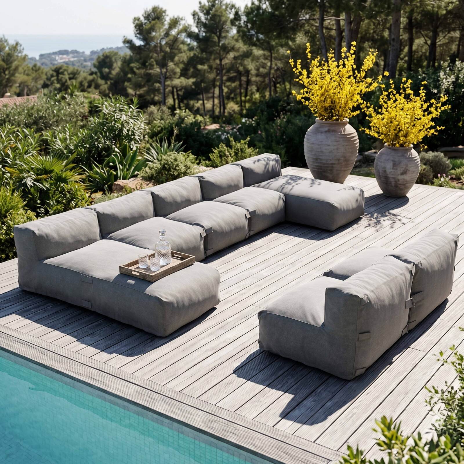 Divano modulare da esterno 7 posti con 5 poltrone e 2 chaise longue