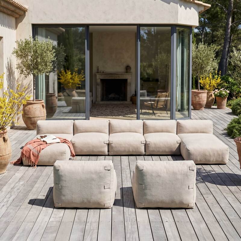 Divano modulare da esterno 7 posti con 5 poltrone e 2 chaise longue