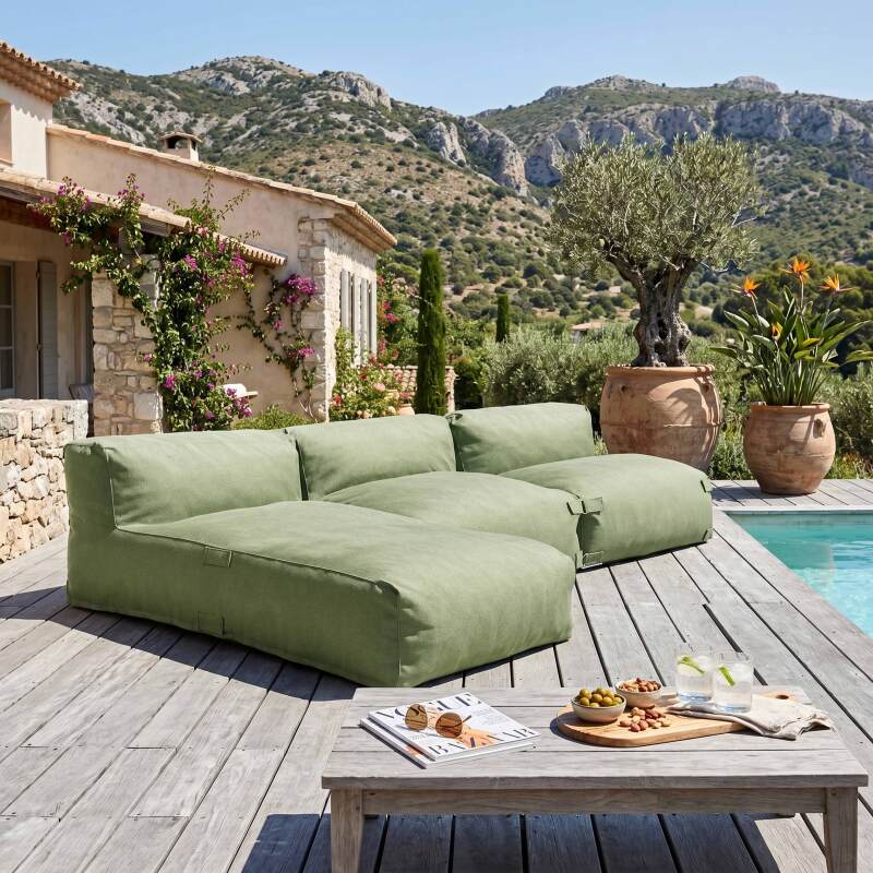 Divano modulare da esterno 3 posti con 2 poltrone e 1 chaise longue