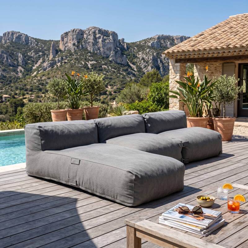 Divano modulare da esterno 3 posti con 2 poltrone e 1 chaise longue