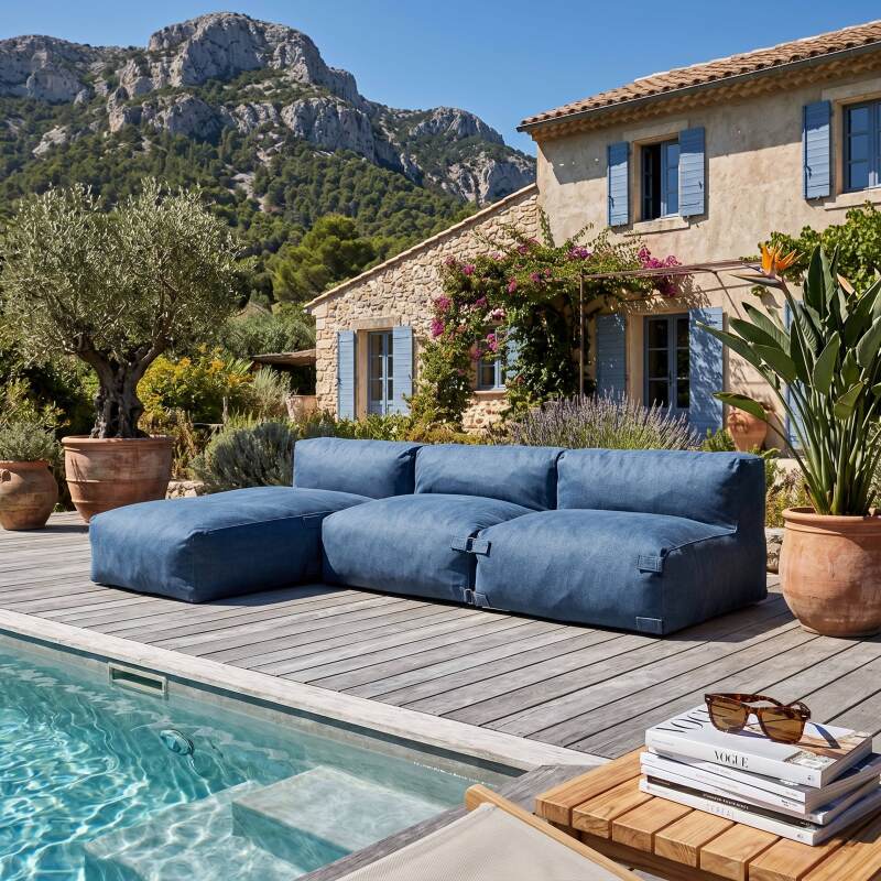 Divano modulare da esterno 3 posti con 2 poltrone e 1 chaise longue