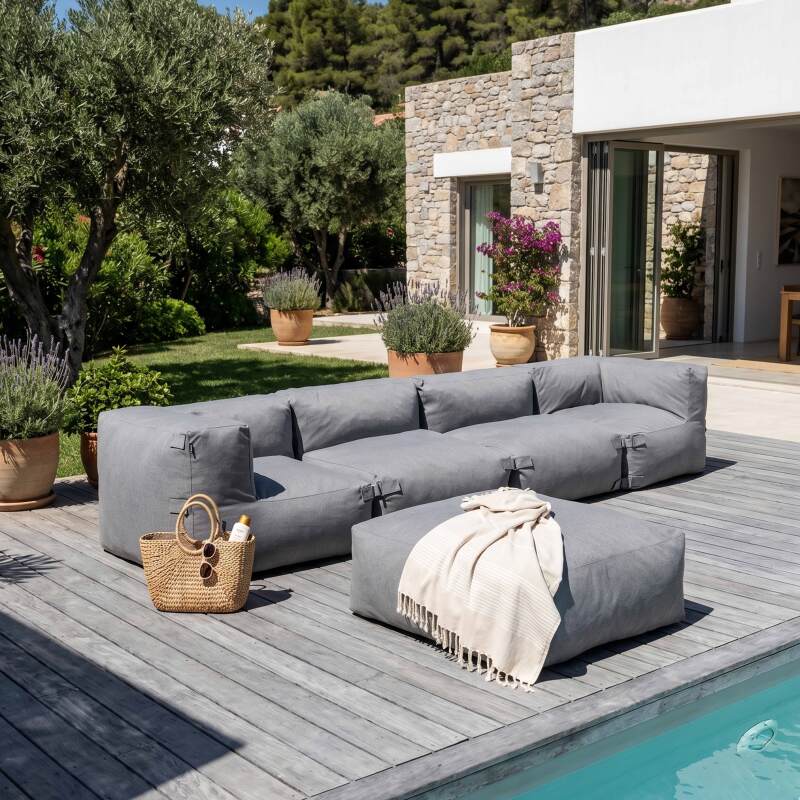 Divano modulare da esterno 4 posti con 2 poltrone, 2 poltrone angolari e 1 pouf