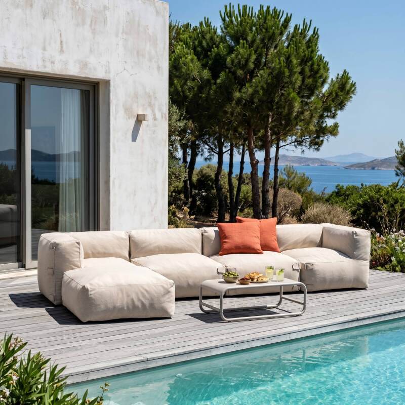 Divano modulare da esterno 4 posti con 2 poltrone, 2 poltrone angolari e 1 pouf