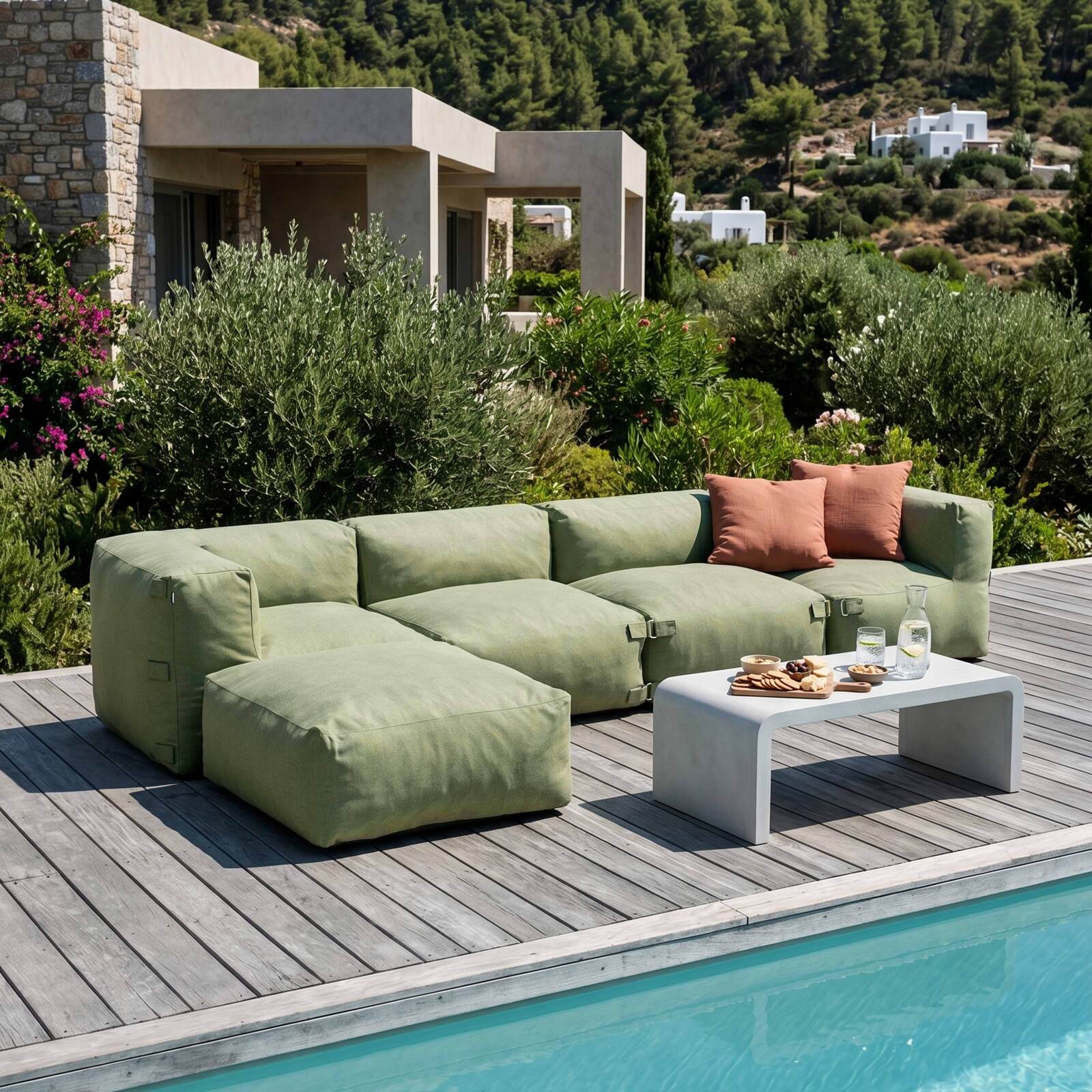 Divano modulare da esterno 4 posti con 2 poltrone, 2 poltrone angolari e 1 pouf