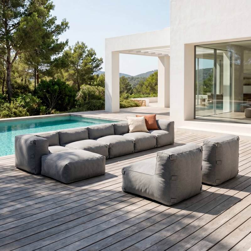 Divano modulare da esterno 7 posti con 5 poltrone, 2 poltrone angolari e 1 pouf