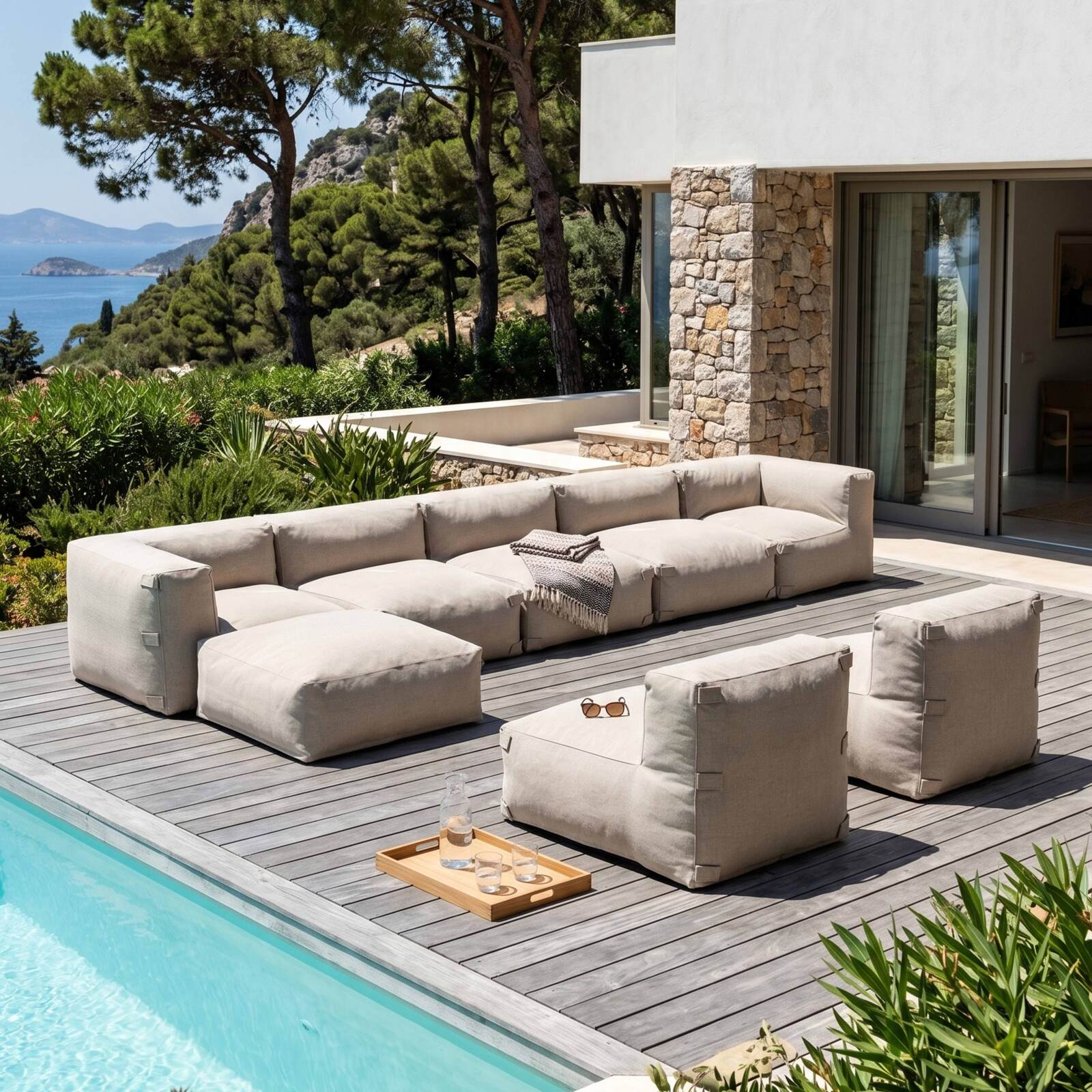 Divano modulare da esterno 7 posti con 5 poltrone, 2 poltrone angolari e 1 pouf
