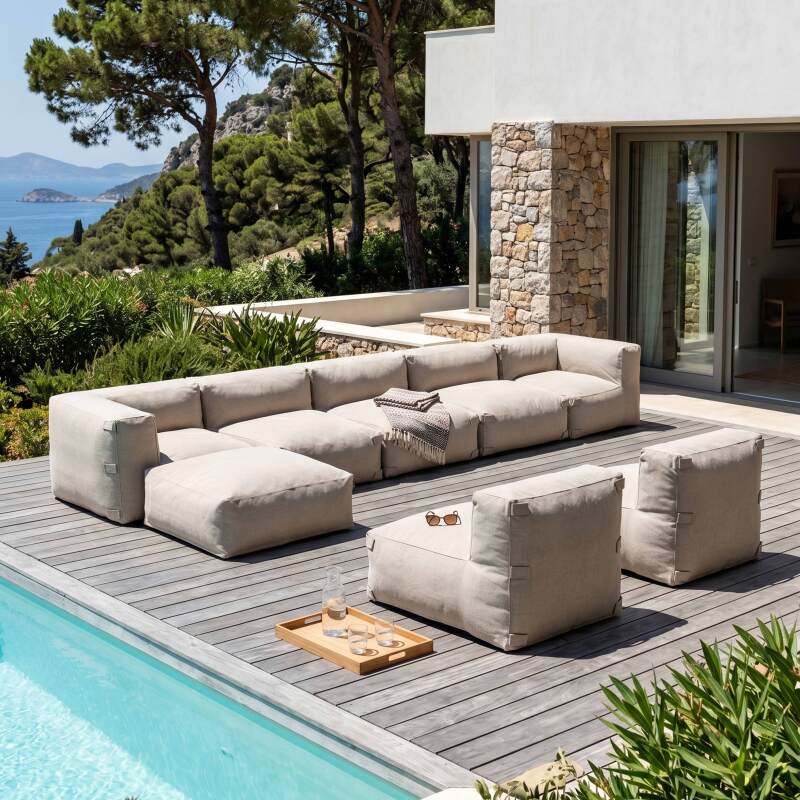 Divano modulare da esterno 7 posti con 5 poltrone, 2 poltrone angolari e 1 pouf