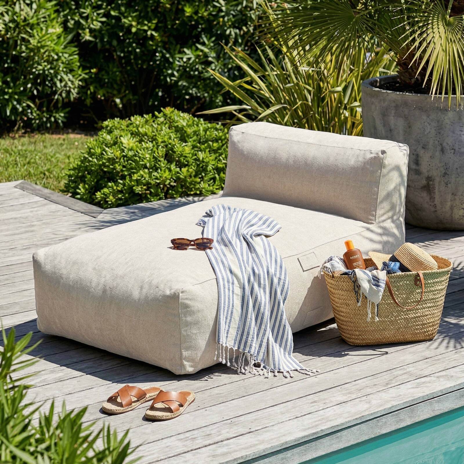 Divano modulare da esterno 4 posti con 2 poltrone, 1 poltrona angolare, 1 chaise longue e 1 pouf