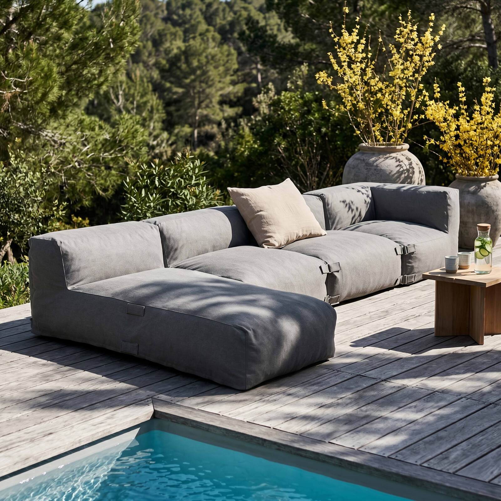 Divano modulare da esterno 4 posti con 2 poltrone, 1 poltrona angolare e 1 chaise longue