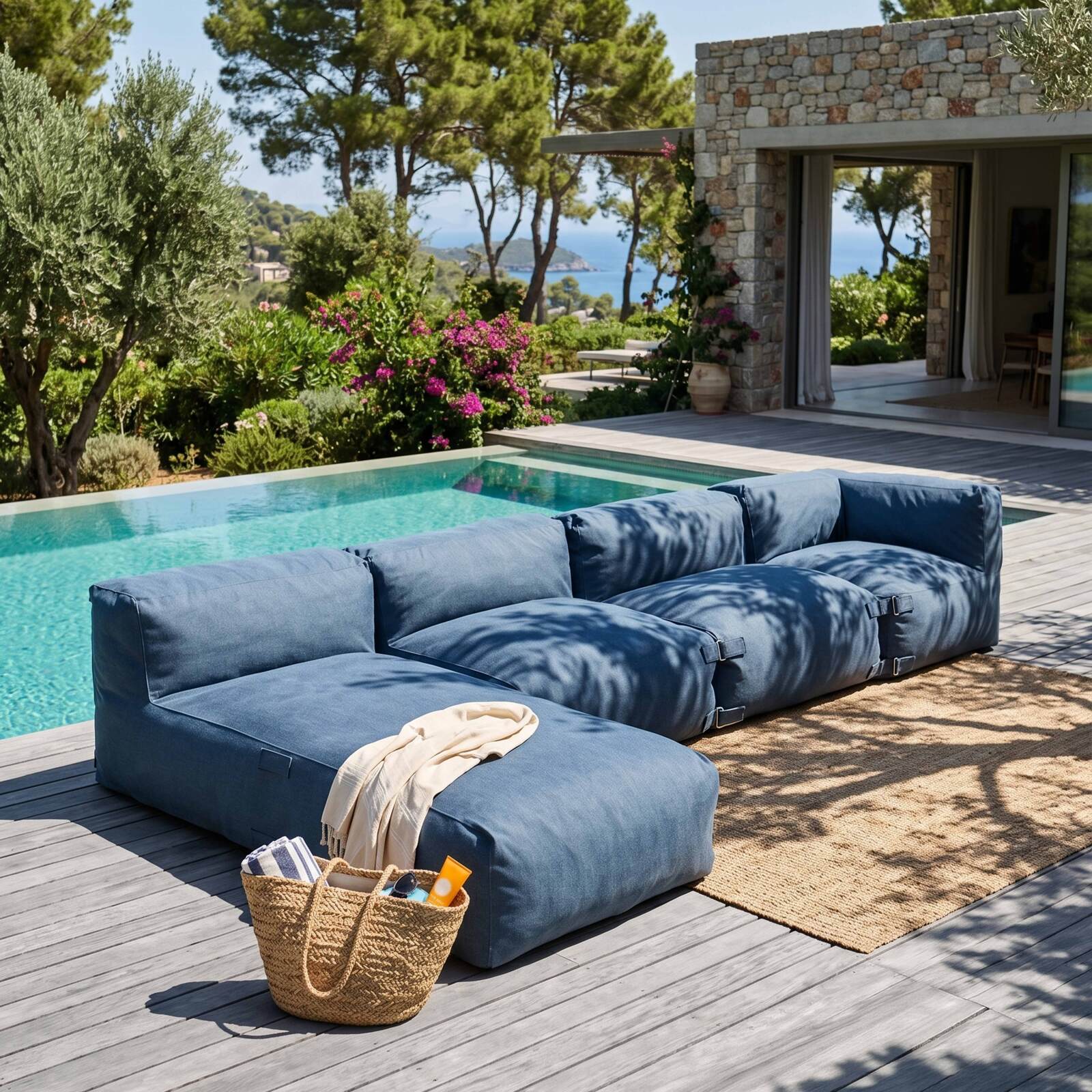 Divano modulare da esterno 4 posti con 2 poltrone, 1 poltrona angolare e 1 chaise longue