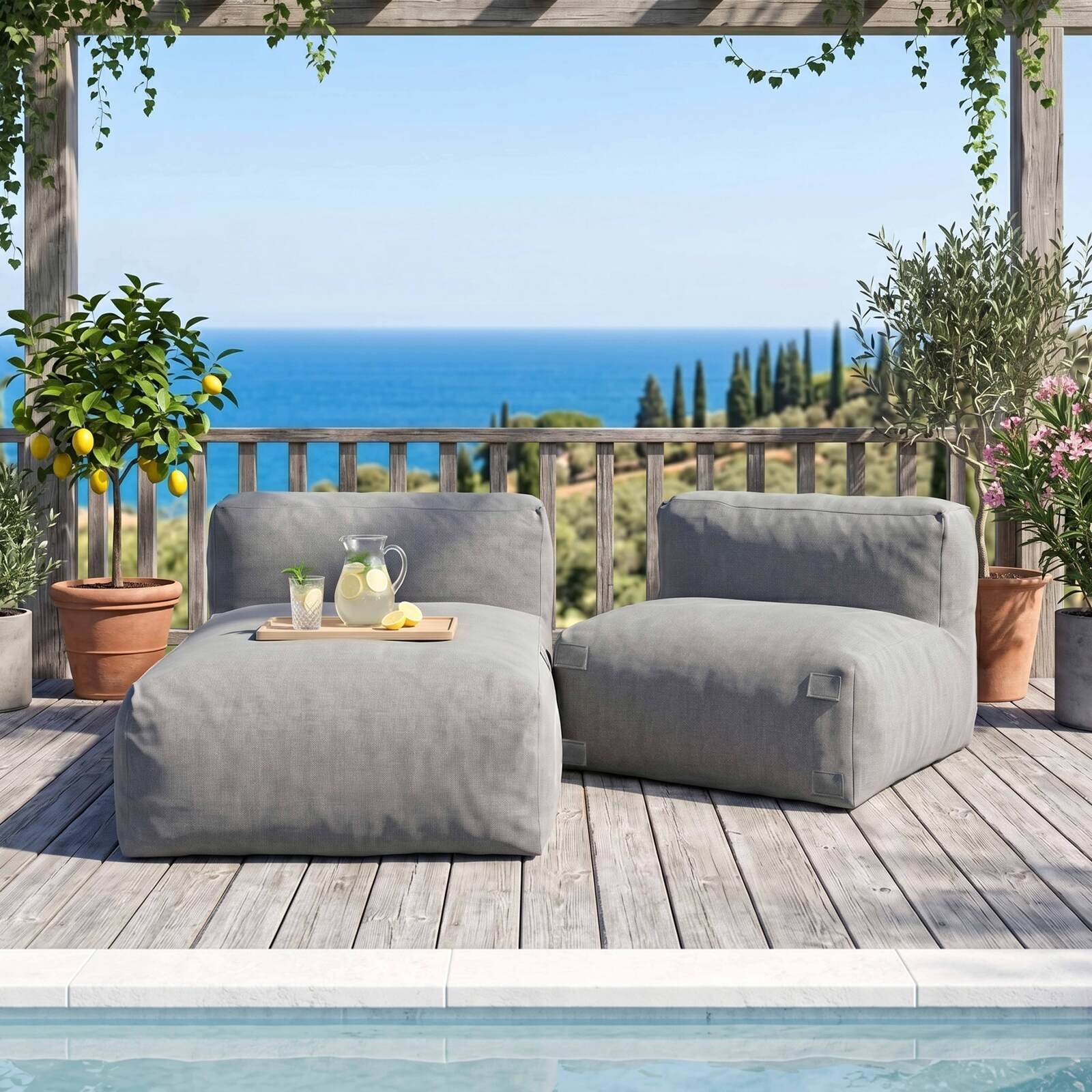 Divano modulare da esterno 2 posti con 1 poltrona e 1 chaise longue