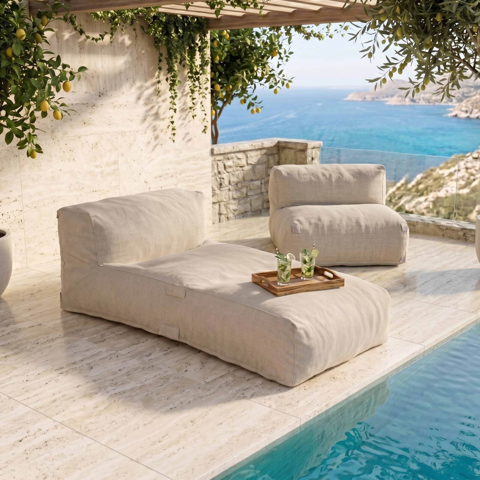 Divano modulare da esterno 2 posti con 1 poltrona e 1 chaise longue