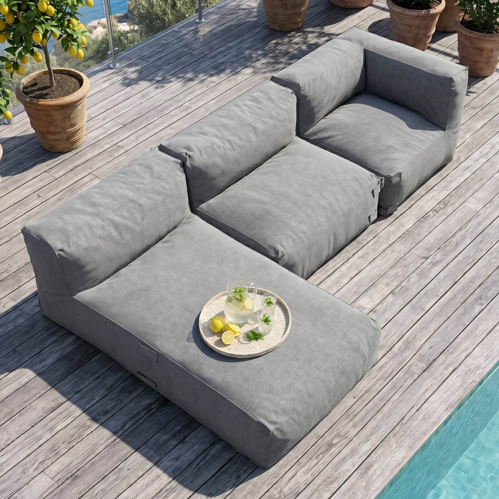Divano modulare da esterno 3 posti con 1 poltrona, 1 poltrona angolare e 1 chaise longue