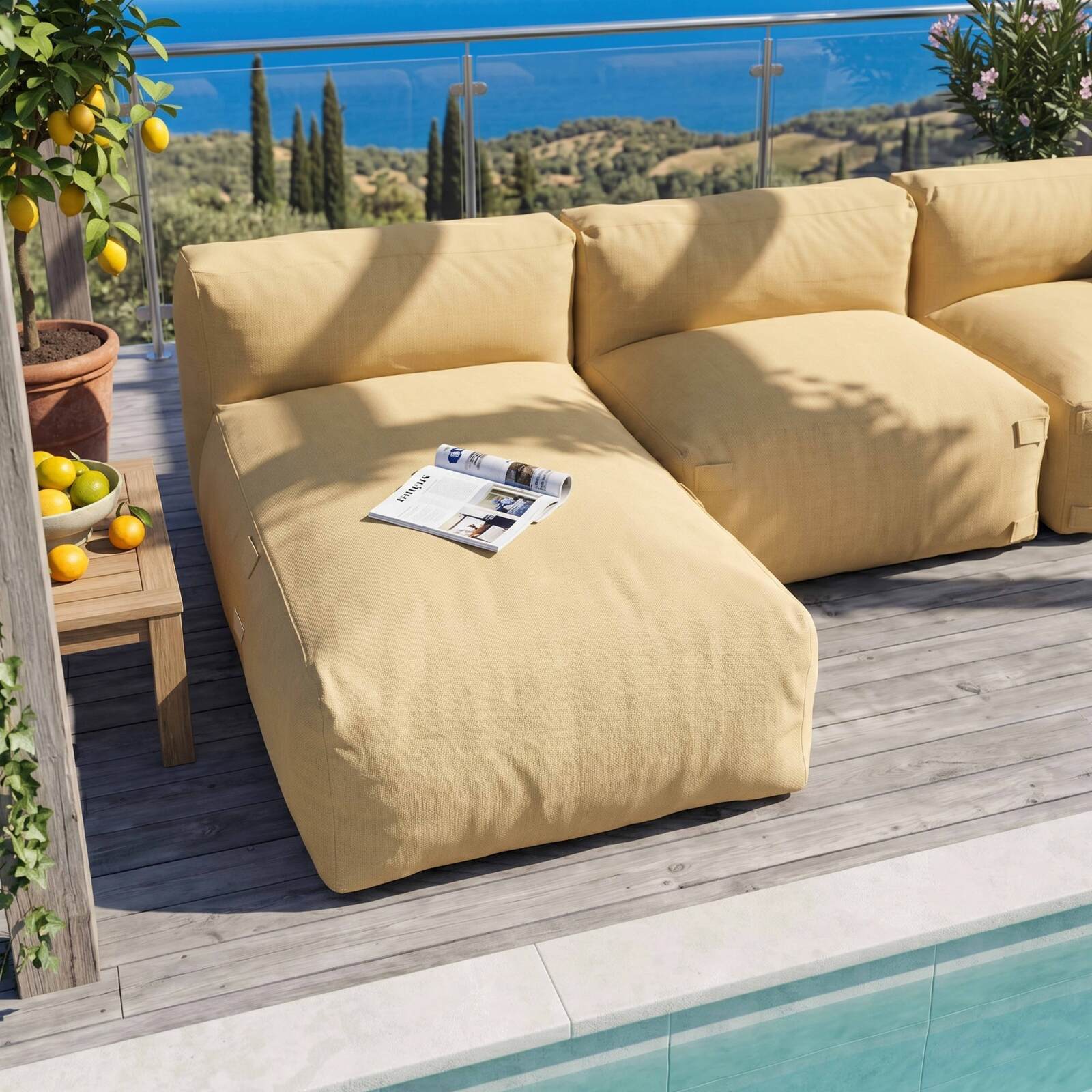Divano modulare da esterno 3 posti con 1 poltrona, 1 poltrona angolare e 1 chaise longue
