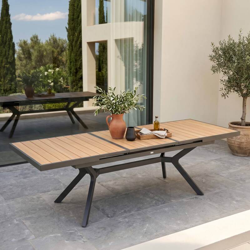 Tavolo da giardino allungabile in alluminio ed effetto legno 8 a 10 persone 187/250x90 cm