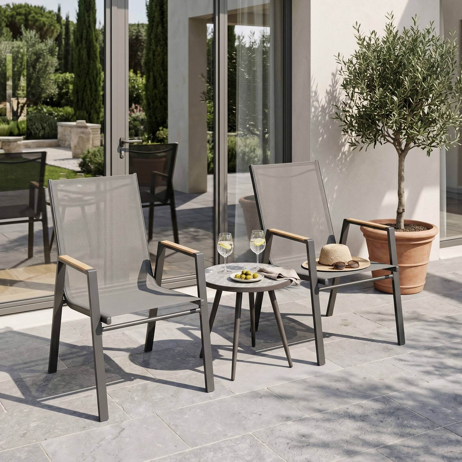 Sedie da giardino in alluminio e Textilene con braccioli - Set di 2