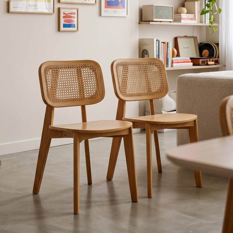 Sedie in legno di olmo e rattan naturale con schienale in stile intreccio - Set di 2