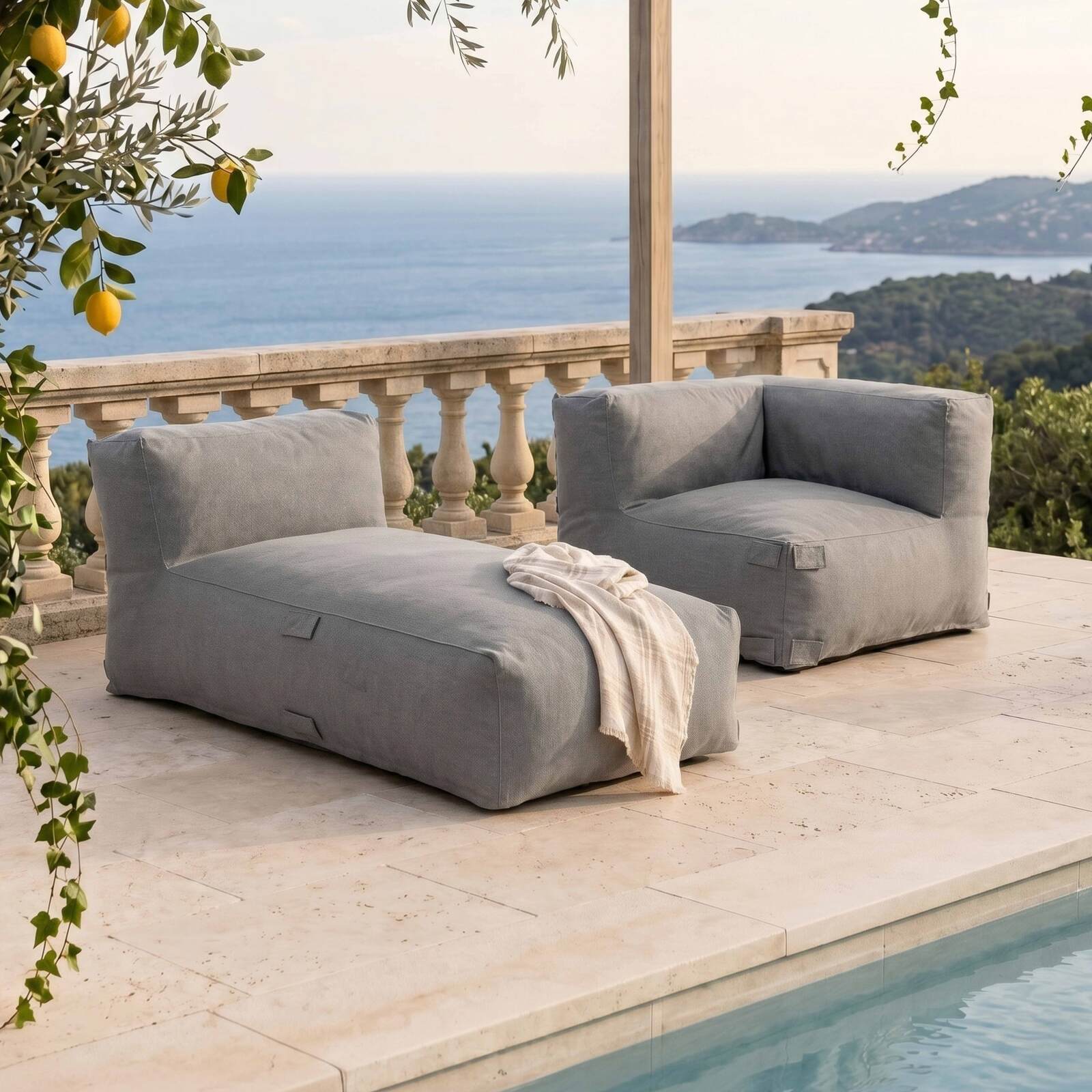 Divano modulare da esterno con 2 posti con 1 chaise longue e 1 poltrona angolare