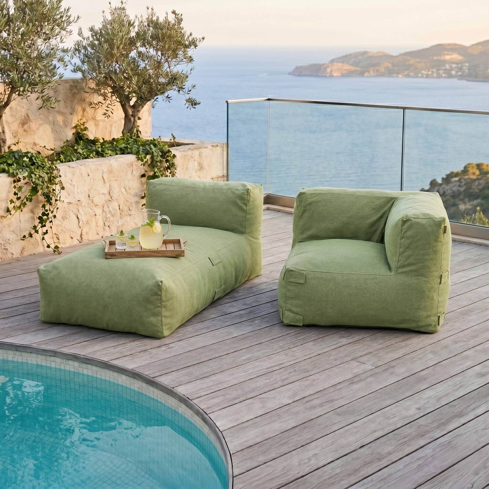 Divano modulare da esterno con 2 posti con 1 chaise longue e 1 poltrona angolare