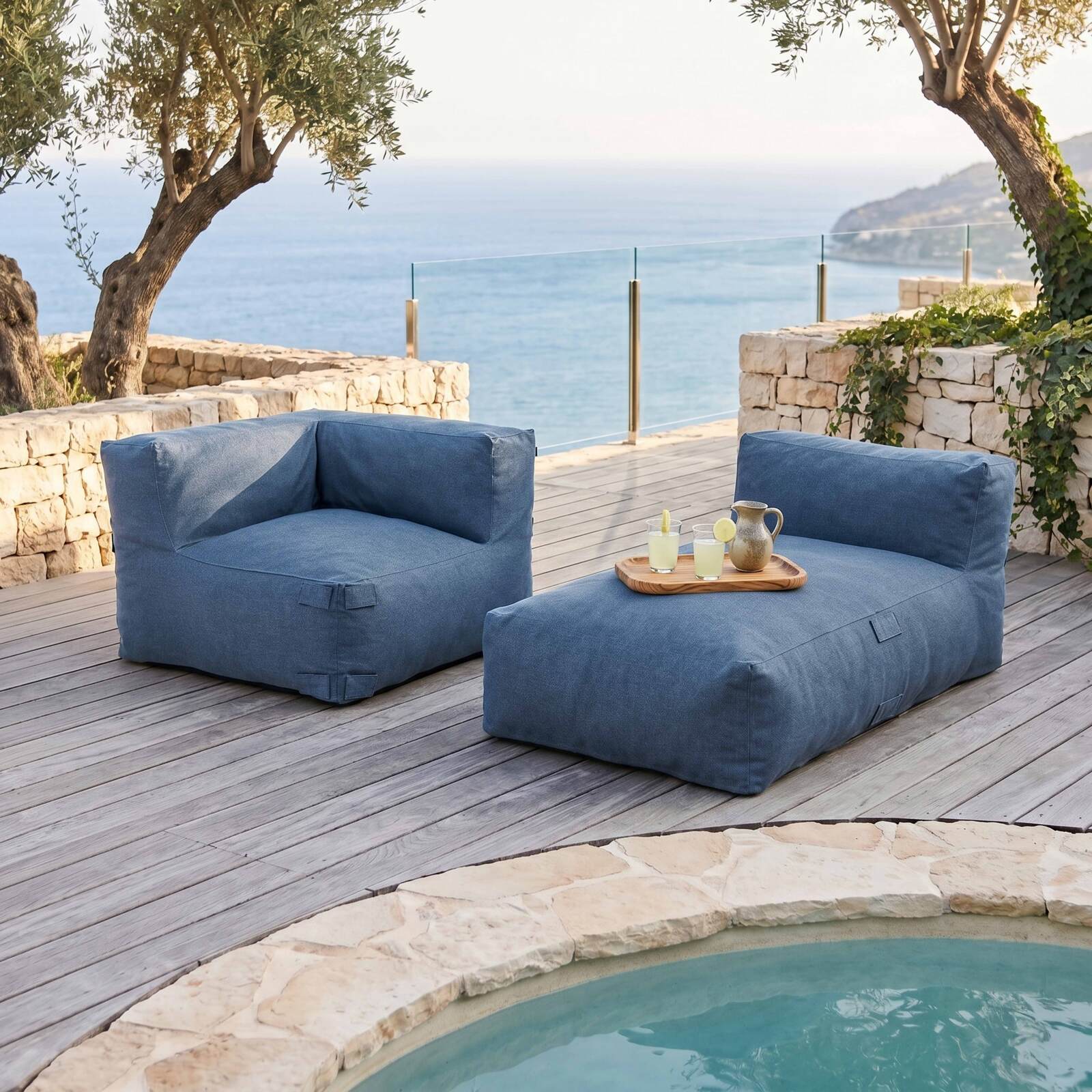 Divano modulare da esterno con 2 posti con 1 chaise longue e 1 poltrona angolare