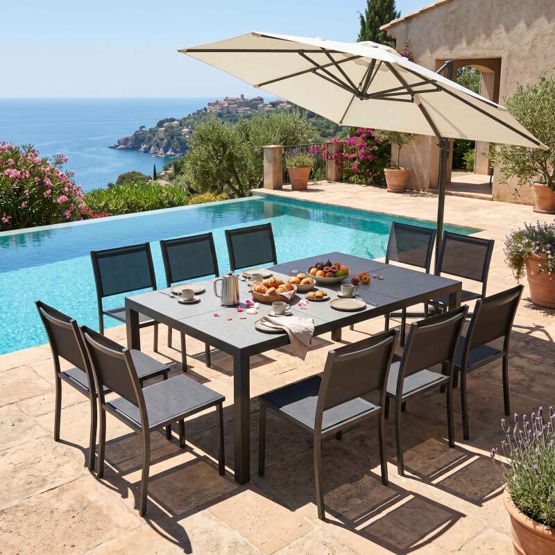 Tavolo da giardino in alluminio e ceramica con motivo Fabric 182x121 cm e 10 sedie in textilene