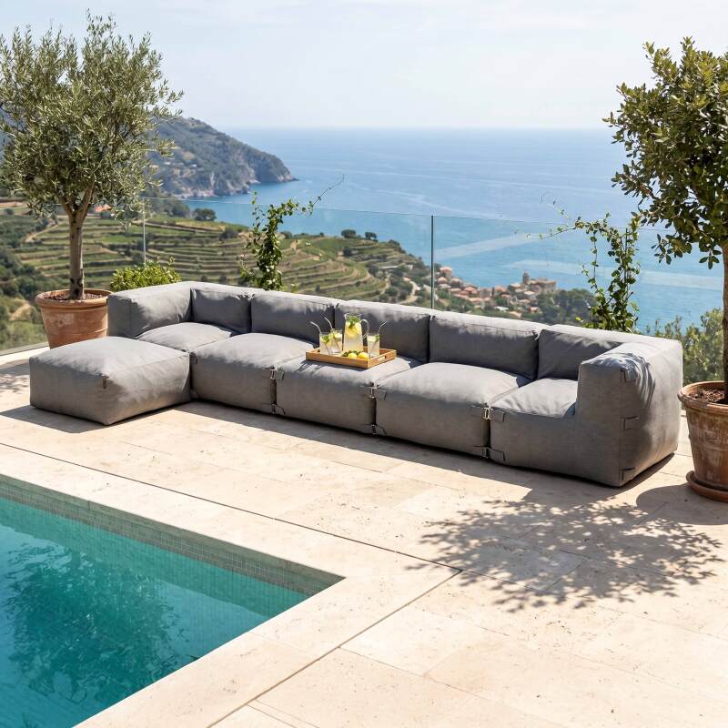 Divano modulare da esterno 5 posti con 3 poltrone, 2 poltrone angolari e 1 pouf - Lifestyle
