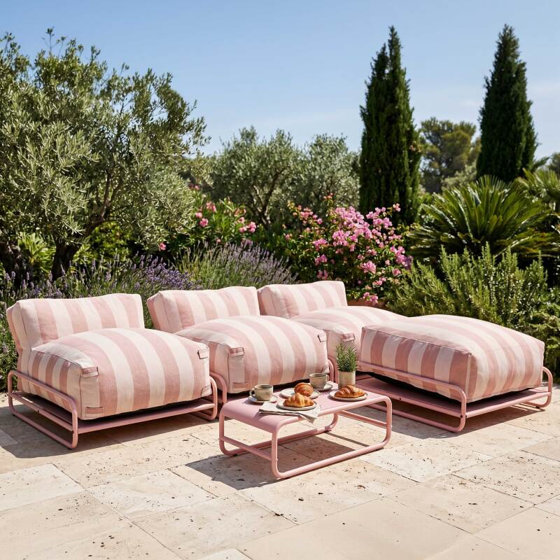 Divano modulare da esterno a righe 4 posti con struttura, 3 poltrone, 1 pouf e tavolino